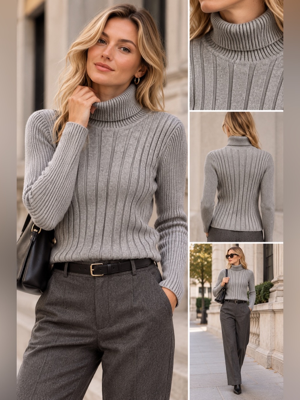Slim Ribbed Turtleneck Sweater - Gray